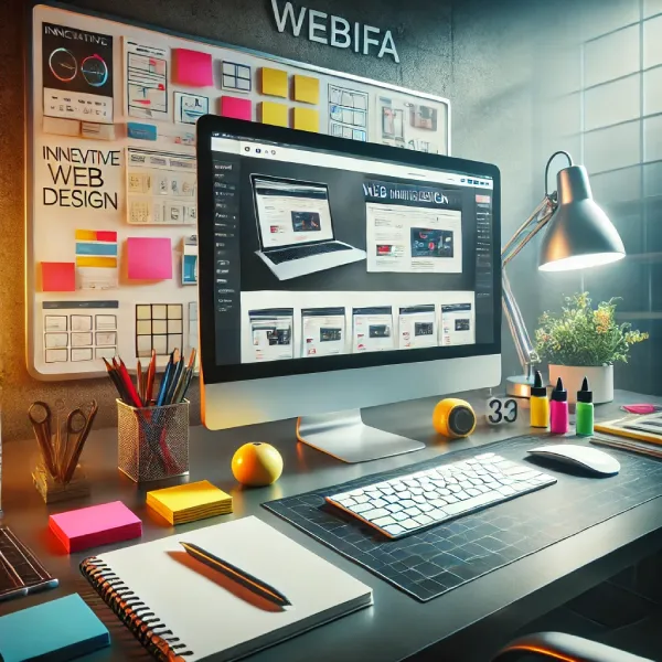 DALL·E 2025 01 15 13.45.03 A realistic depiction of a modern web design agency workspace featuring a sleek desk setup with a computer displaying a creative website design on th 1