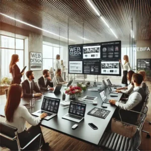 DALL·E 2025 01 15 13.45.36 A realistic scene of a collaborative web design agency meeting at Webifa showcasing a group of diverse professionals working together at a modern c 1