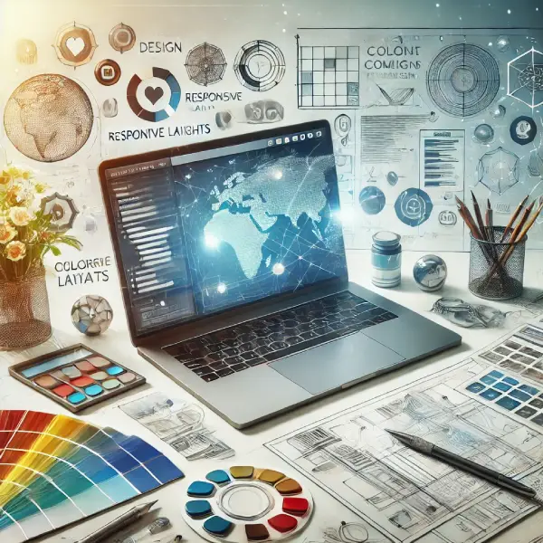 DALL·E 2025 01 16 14.23.16 A modern and visually appealing concept illustration for website design featuring elements like responsive layouts coding symbols e commerce icons 1