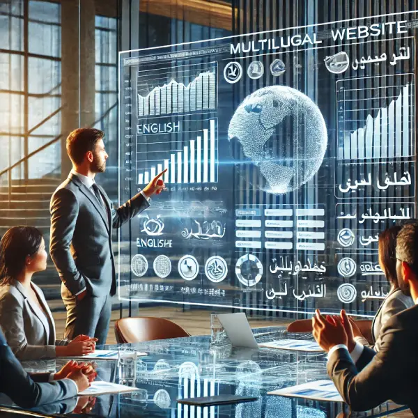 DALL·E 2025 01 18 16.10.37 A realistic scene of a business professional presenting a multilingual website project. The setting includes a modern office environment with a large 1