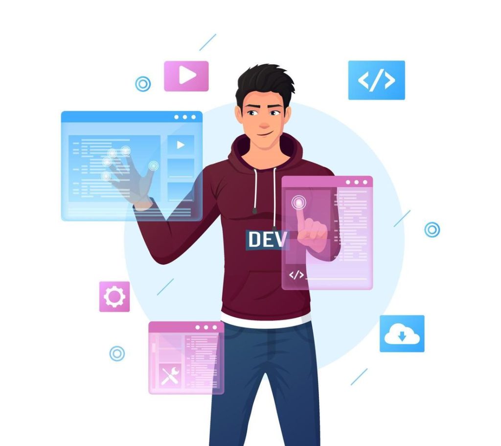 web development programmer and code testing in augmented reality illustration vector 1